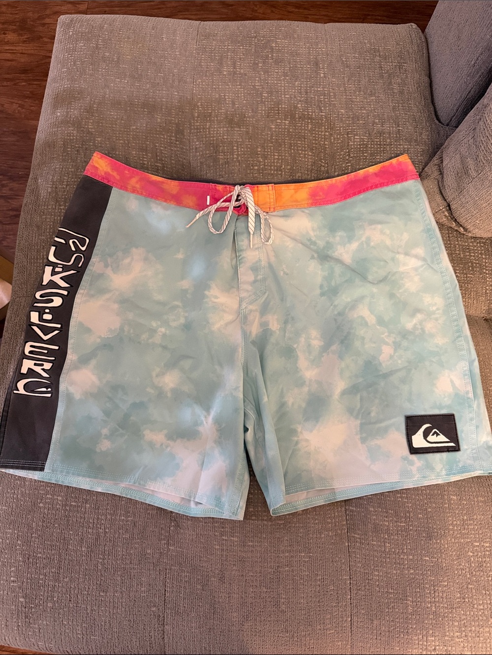 Quiksilver Aqua Tie-Dye Board Shorts with Coral-Pink Waistband